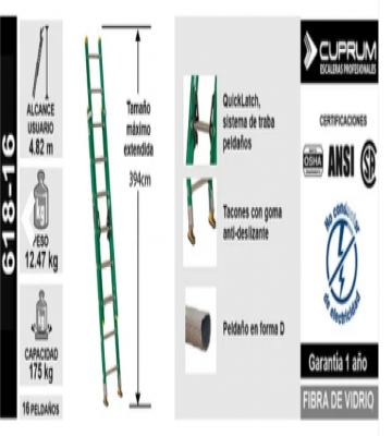 ESCALERA TELESCOPICA FIBRA DE VIDRIO 3.97 M / 16 P.