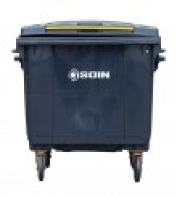 Contenedor de residuos plástico gris de 660 litros con ruedas, vista lateral.