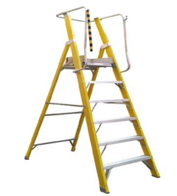Escalera Fibra V. Plataforma 6 Peldaños con Baranda Doble