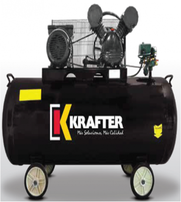 Compresor de Aire Krafter 200 Lts 3.0 HP 220V, azul, con estanque horizontal, motor superior, manómetros y ruedas.