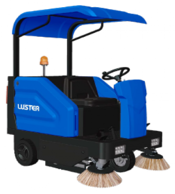 Barredora Luster A-86 a batería hombre a bordo 3500W, color amarillo y negro, operando en bodega industrial limpia.