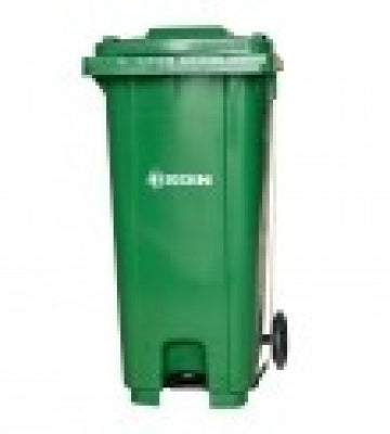 Contenedor de residuos plástico 120 lts con ruedas y pedal, vista frontal, ideal para gestión de basura.