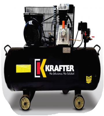 Compresor de Aire Krafter 100 Litros 3 HP 220V ACK100. Equipo robusto con tanque azul, motor negro y manómetros.