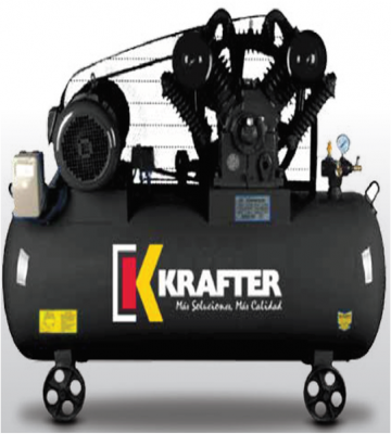 Compresor de Aire Krafter 300 Lts 10 HP 380V, diseño robusto azul y negro, ideal para uso industrial y profesional.